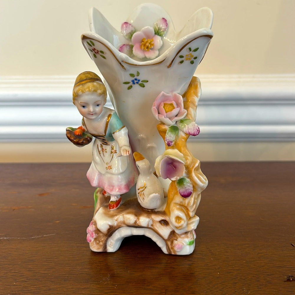 Vacago Porcelain Figurine Vase with Child and Floral Design